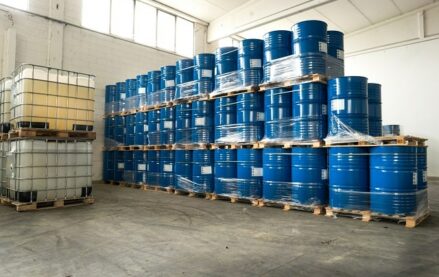 Chemical totes in a warehouse