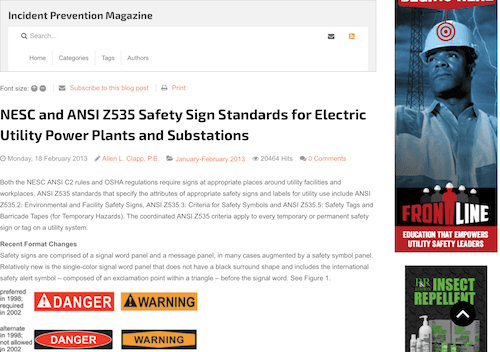 NESC and ANSI Z535 Safety Sign Standards for Electric Utility Power Plants and Substations
