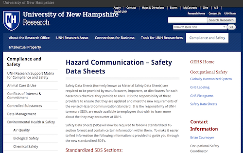 University of New Hampshire - Hazard Communication – Safety Data Sheets