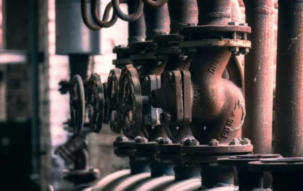 A row of valves on pipes leading to boilers