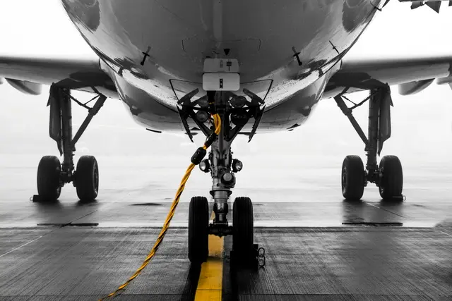 Close-up view of the landing gear on an aircraft