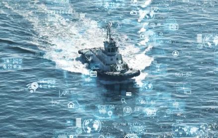 Military vessel on the water with RFID tracking symbols