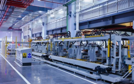A view of the refrigerator manufacturing plant's fully automated side panel forming line.