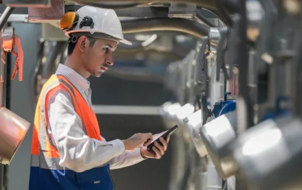 Industrial worker in a hard hat and safety vest inspecting equipment and recording pump maintenance data on a tablet